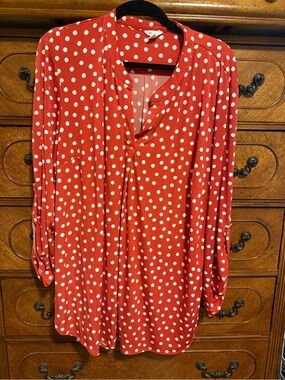 Cato Orange-Red and White Polka Dot Long Sleeve Dress